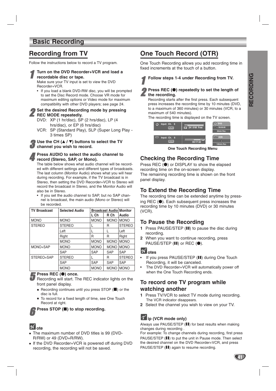 Basic recording recording from tv, One touch record (otr), Recording | Checking the recording time | GoVideo VR3845 User Manual | Page 41 / 66
