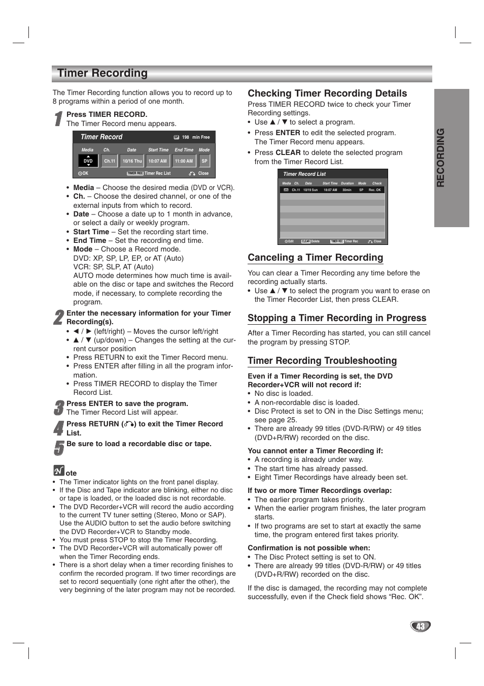 Timer recording, Recording, Checking timer recording details | Canceling a timer recording, Stopping a timer recording in progress, Timer recording troubleshooting | GoVideo VR3845 User Manual | Page 43 / 66