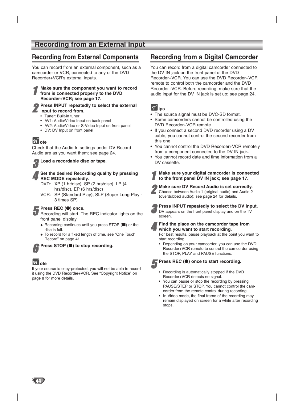 Recording from an external input, Recording from external components, Recording from a digital camcorder | GoVideo VR3845 User Manual | Page 44 / 66