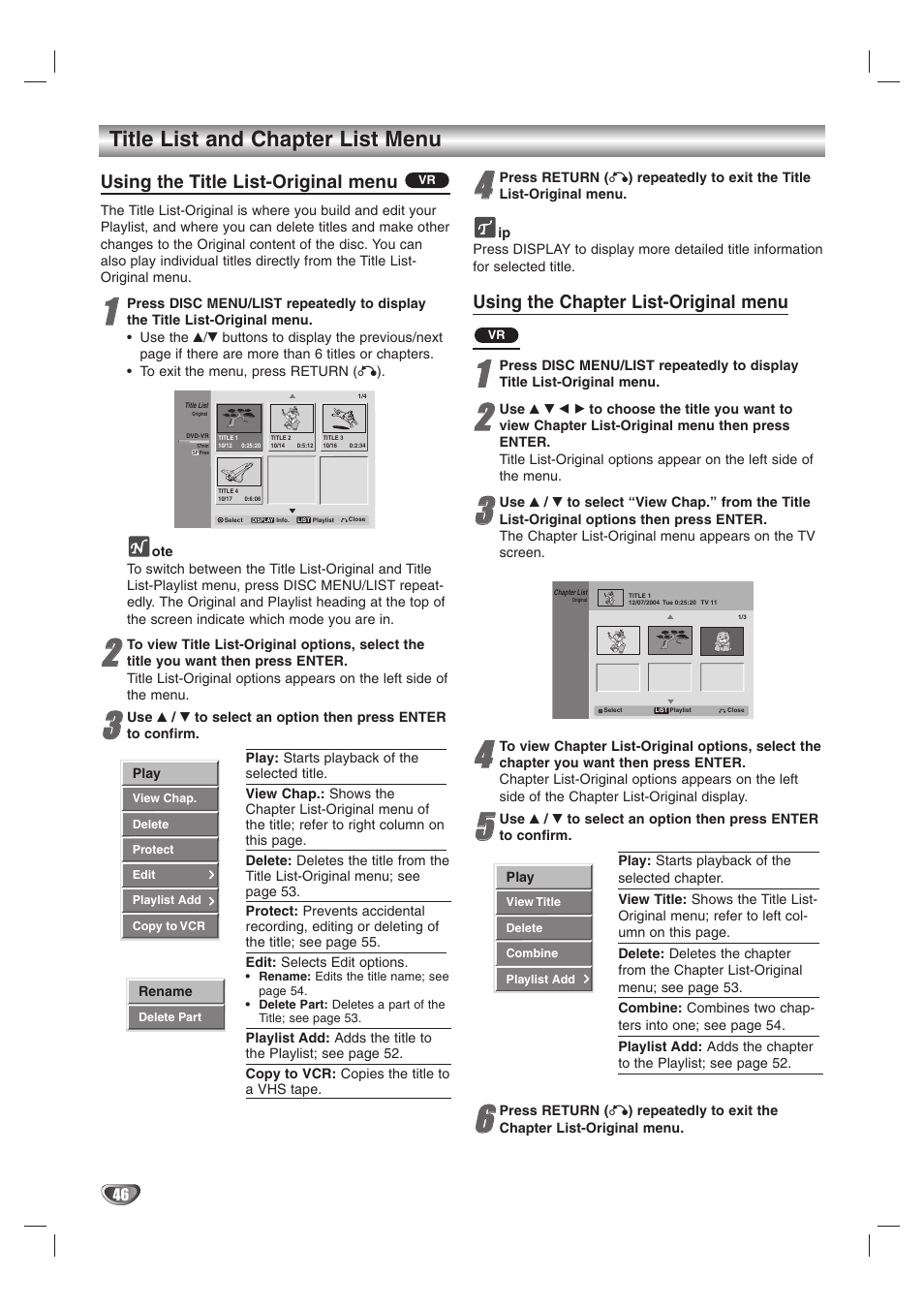 Title list and chapter list menu, Using the title list-original menu, Using the chapter list-original menu | GoVideo VR3845 User Manual | Page 46 / 66