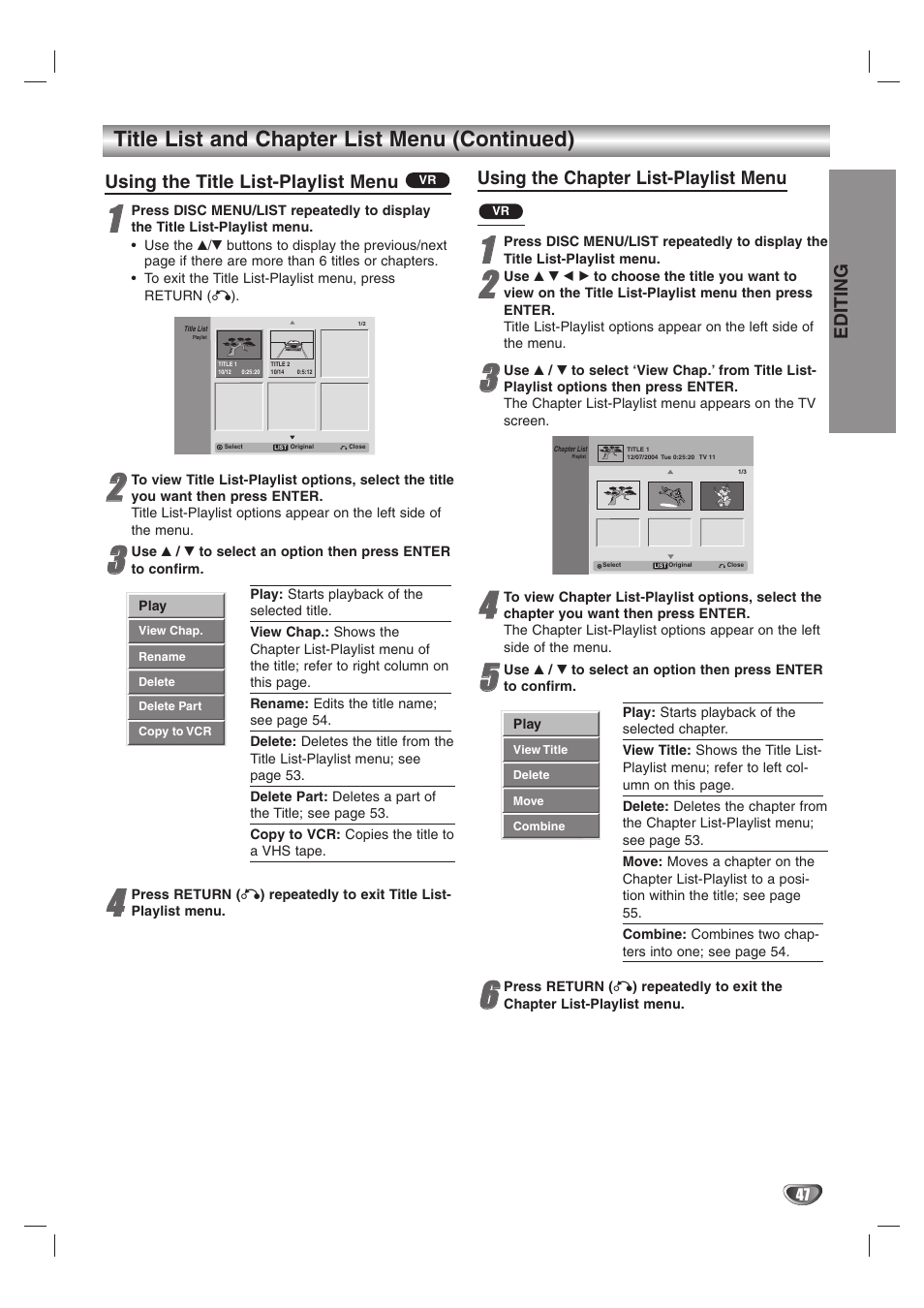 Title list and chapter list menu (continued), Using the title list-playlist menu, Using the chapter list-playlist menu | Editing | GoVideo VR3845 User Manual | Page 47 / 66