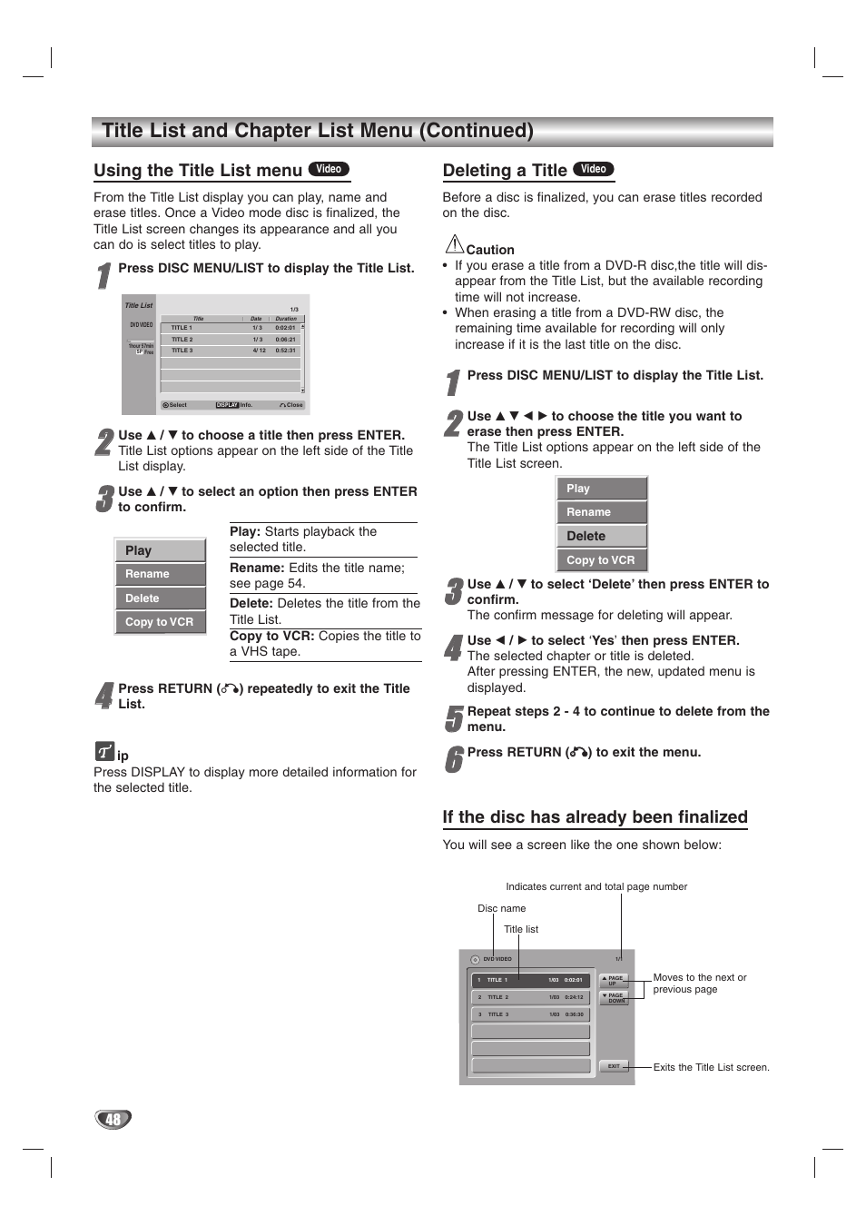 Title list and chapter list menu (continued), Using the title list menu, Deleting a title | If the disc has already been finalized | GoVideo VR3845 User Manual | Page 48 / 66