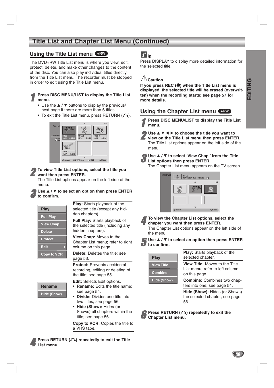 Title list and chapter list menu (continued), Using the title list menu, Using the chapter list menu | Editing | GoVideo VR3845 User Manual | Page 49 / 66