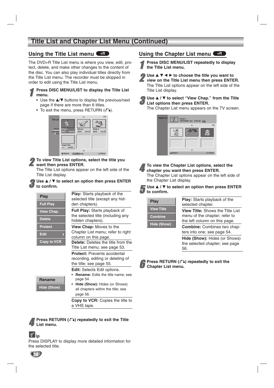 Title list and chapter list menu (continued), Using the title list menu, Using the chapter list menu | GoVideo VR3845 User Manual | Page 50 / 66