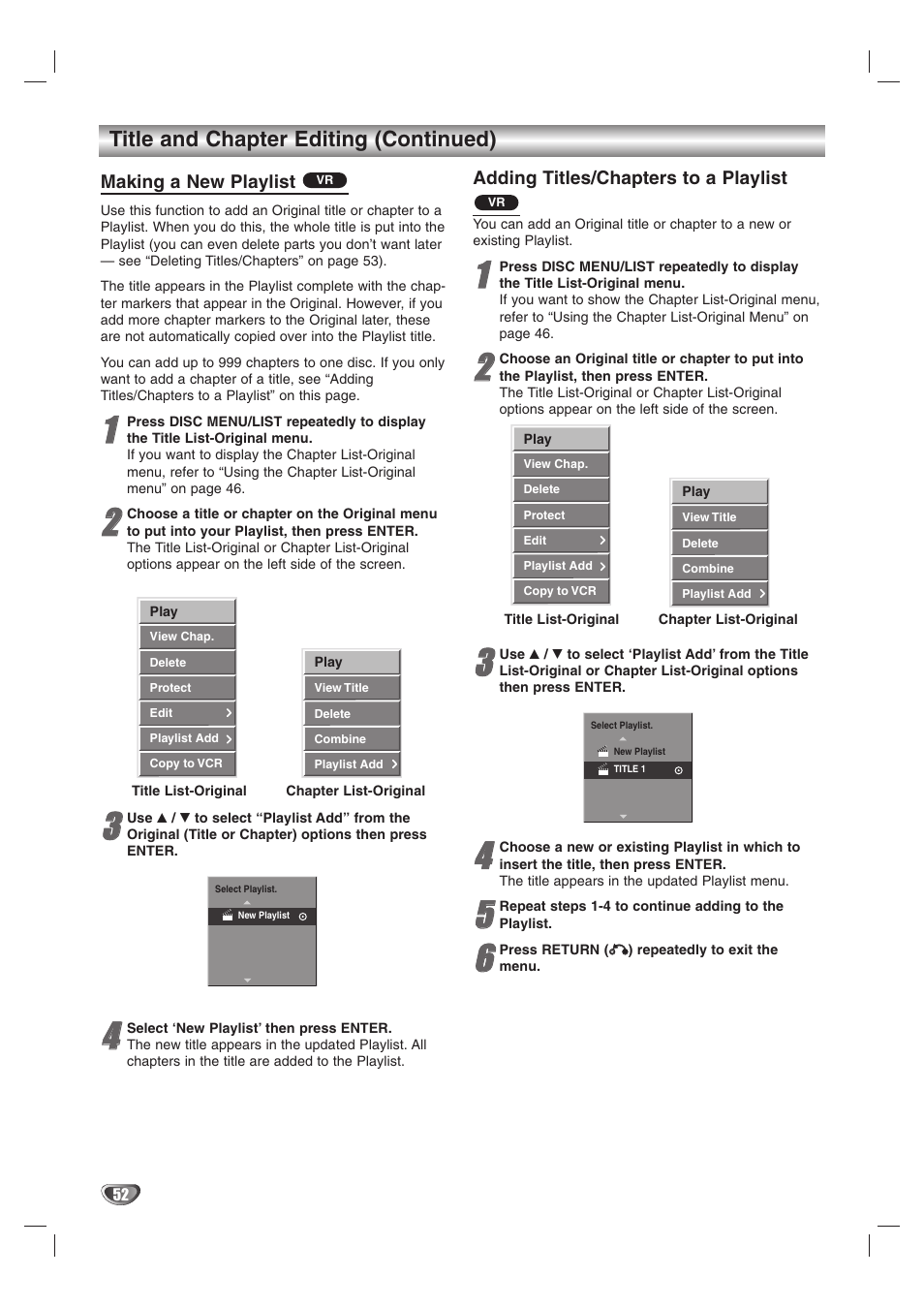 Title and chapter editing (continued), Making a new playlist, Adding titles/chapters to a playlist | GoVideo VR3845 User Manual | Page 52 / 66