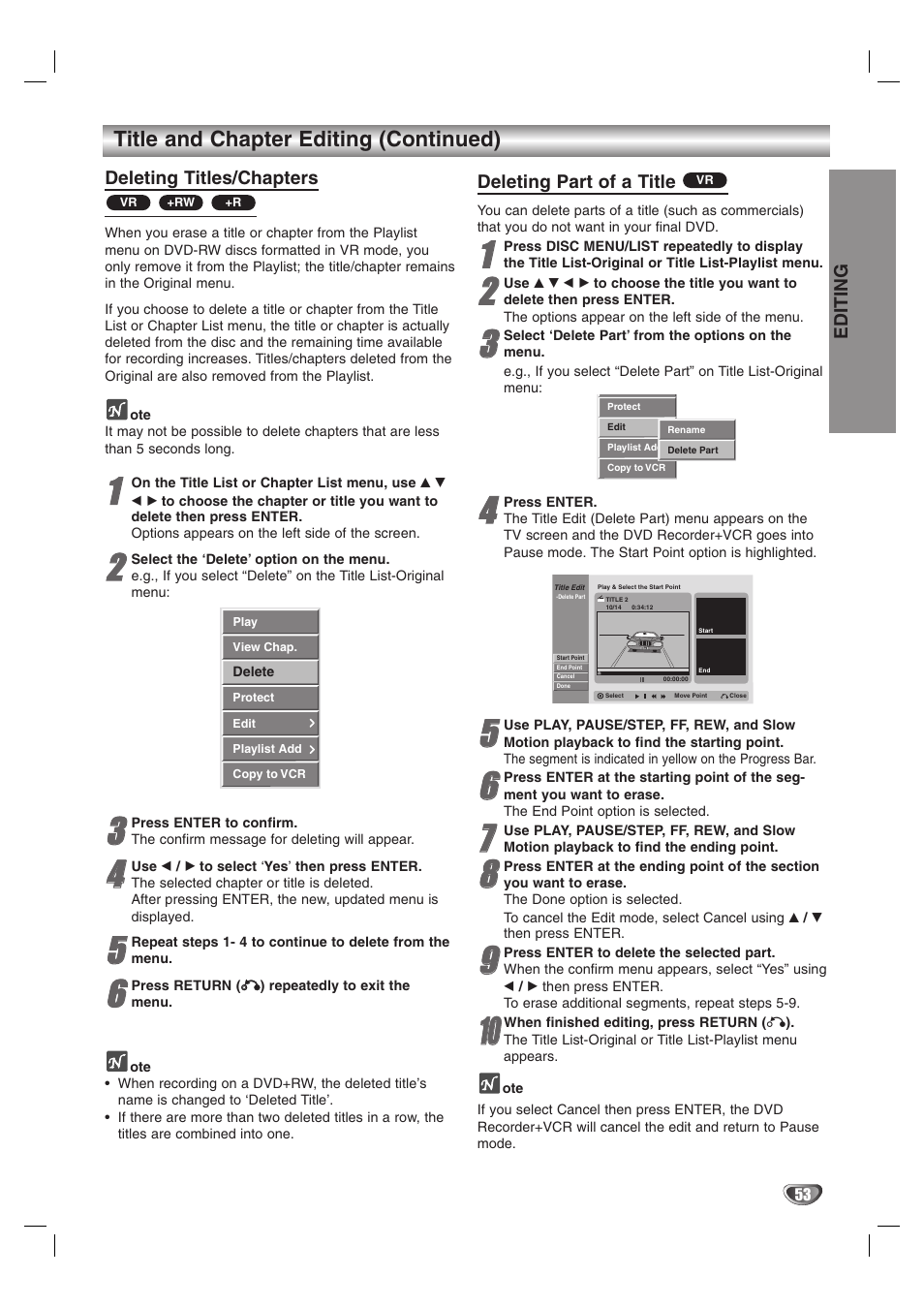 Title and chapter editing (continued), Deleting titles/chapters, Deleting part of a title | Editing | GoVideo VR3845 User Manual | Page 53 / 66