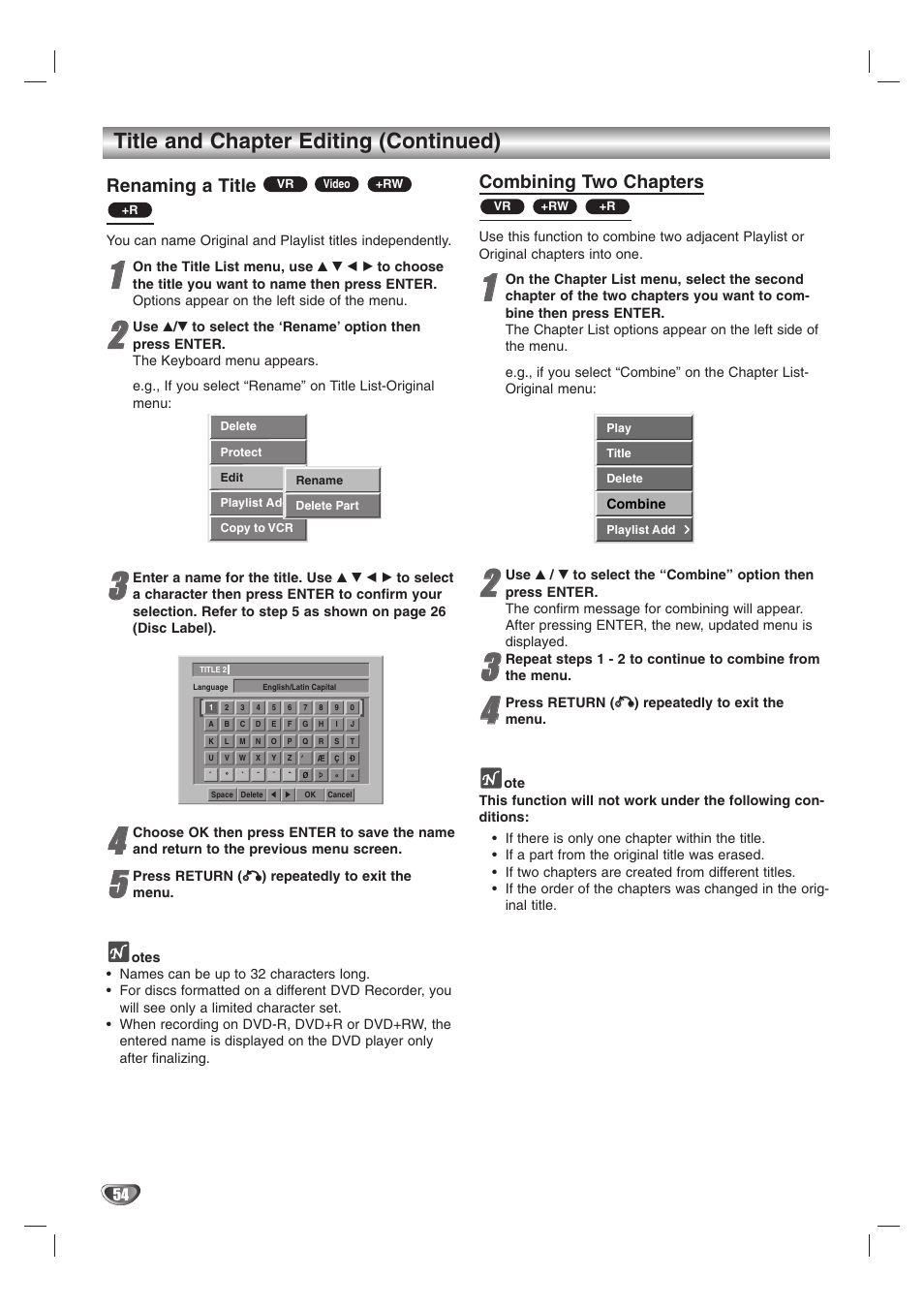 Title and chapter editing (continued), Renaming a title, Combining two chapters | GoVideo VR3845 User Manual | Page 54 / 66