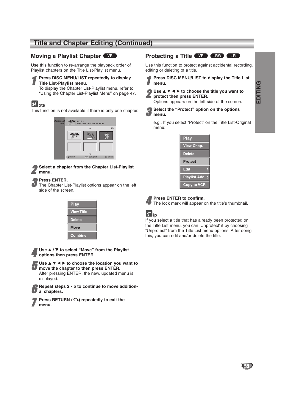 Title and chapter editing (continued), Moving a playlist chapter, Protecting a title | Editing | GoVideo VR3845 User Manual | Page 55 / 66