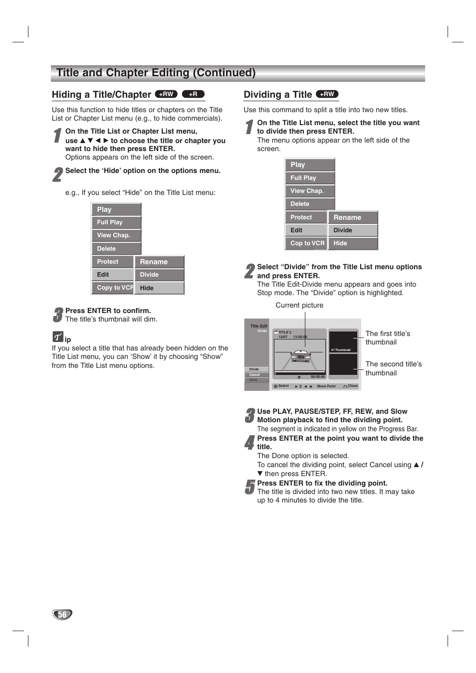 Title and chapter editing (continued), Hiding a title/chapter, Dividing a title | GoVideo VR3845 User Manual | Page 56 / 66