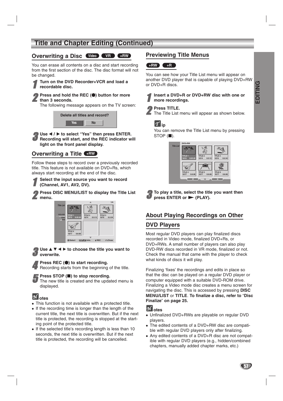 Title and chapter editing (continued), Overwriting a disc, Overwriting a title | Previewing title menus, About playing recordings on other dvd players, Editing | GoVideo VR3845 User Manual | Page 57 / 66