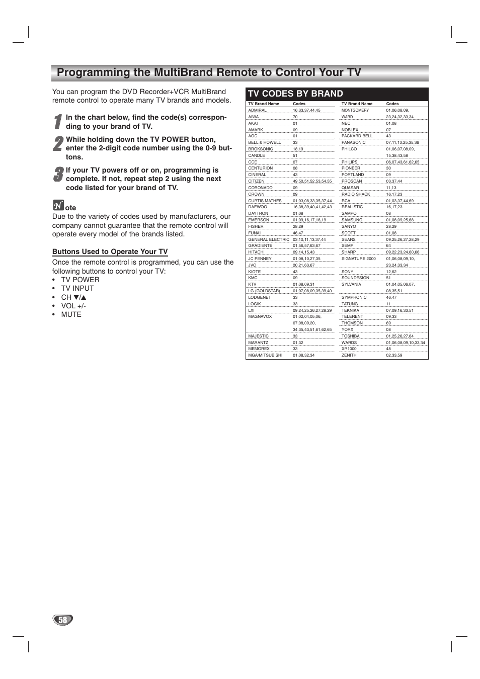 Tv codes by brand | GoVideo VR3845 User Manual | Page 58 / 66