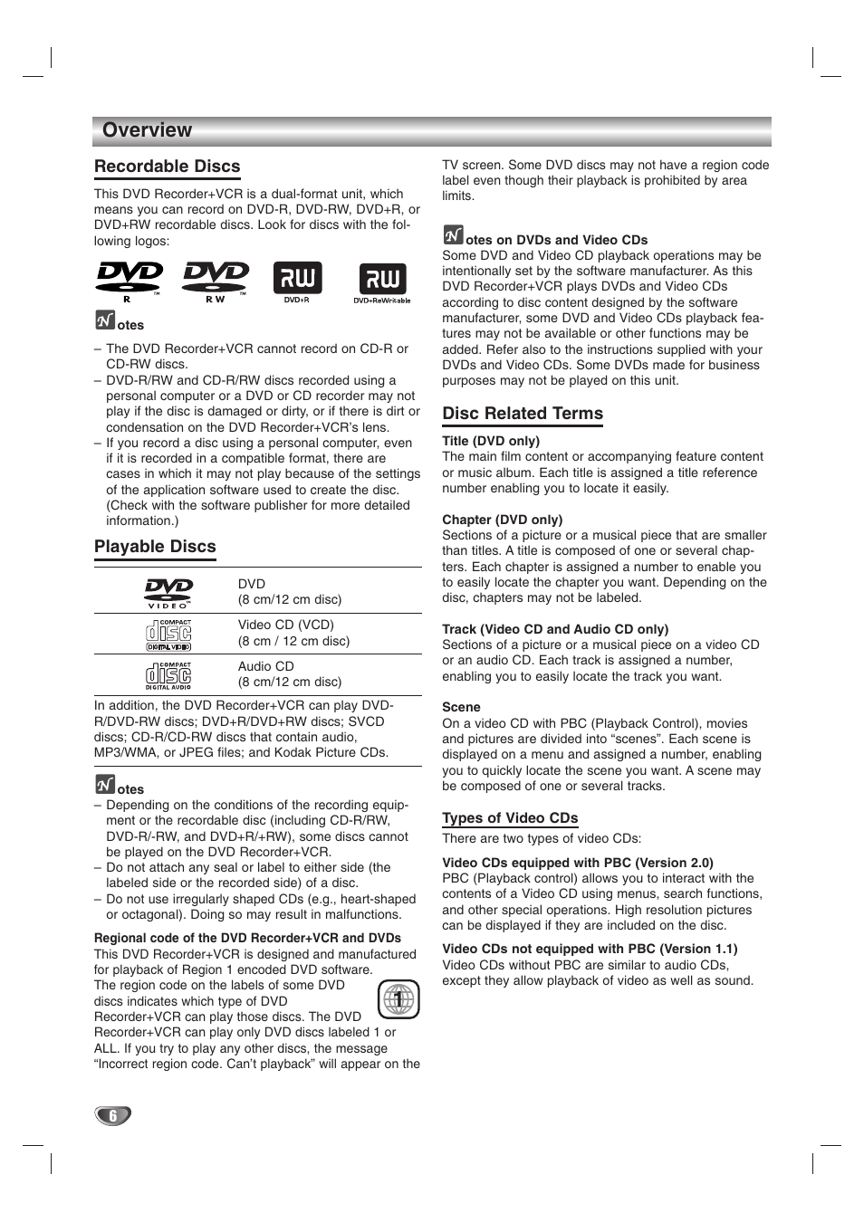 Overview, Recordable discs, Playable discs | Disc related terms | GoVideo VR3845 User Manual | Page 6 / 66