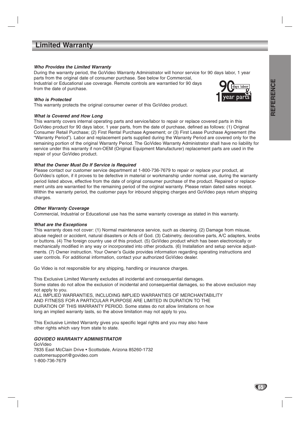 Limited warranty, Year parts, Reference | GoVideo VR3845 User Manual | Page 65 / 66