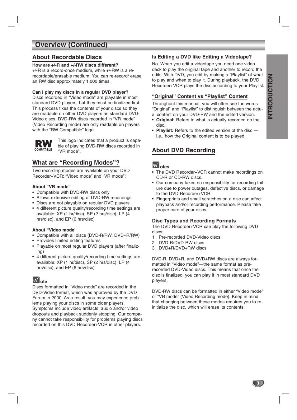 Overview (continued), Introduction, About recordable discs | What are “recording modes, About dvd recording | GoVideo VR3845 User Manual | Page 7 / 66