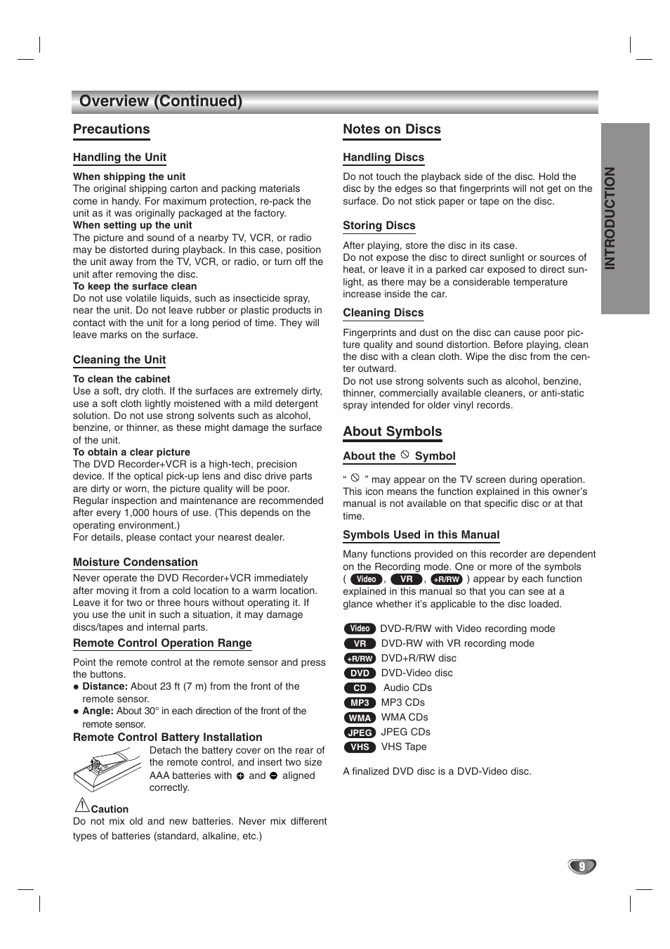 Overview (continued), Precautions, About symbols | Introduction | GoVideo VR3845 User Manual | Page 9 / 66