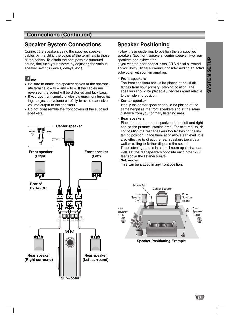 Speaker system connections, Speaker positioning, Connections (continued) | System setup | GoVideo HT2015 User Manual | Page 13 / 45
