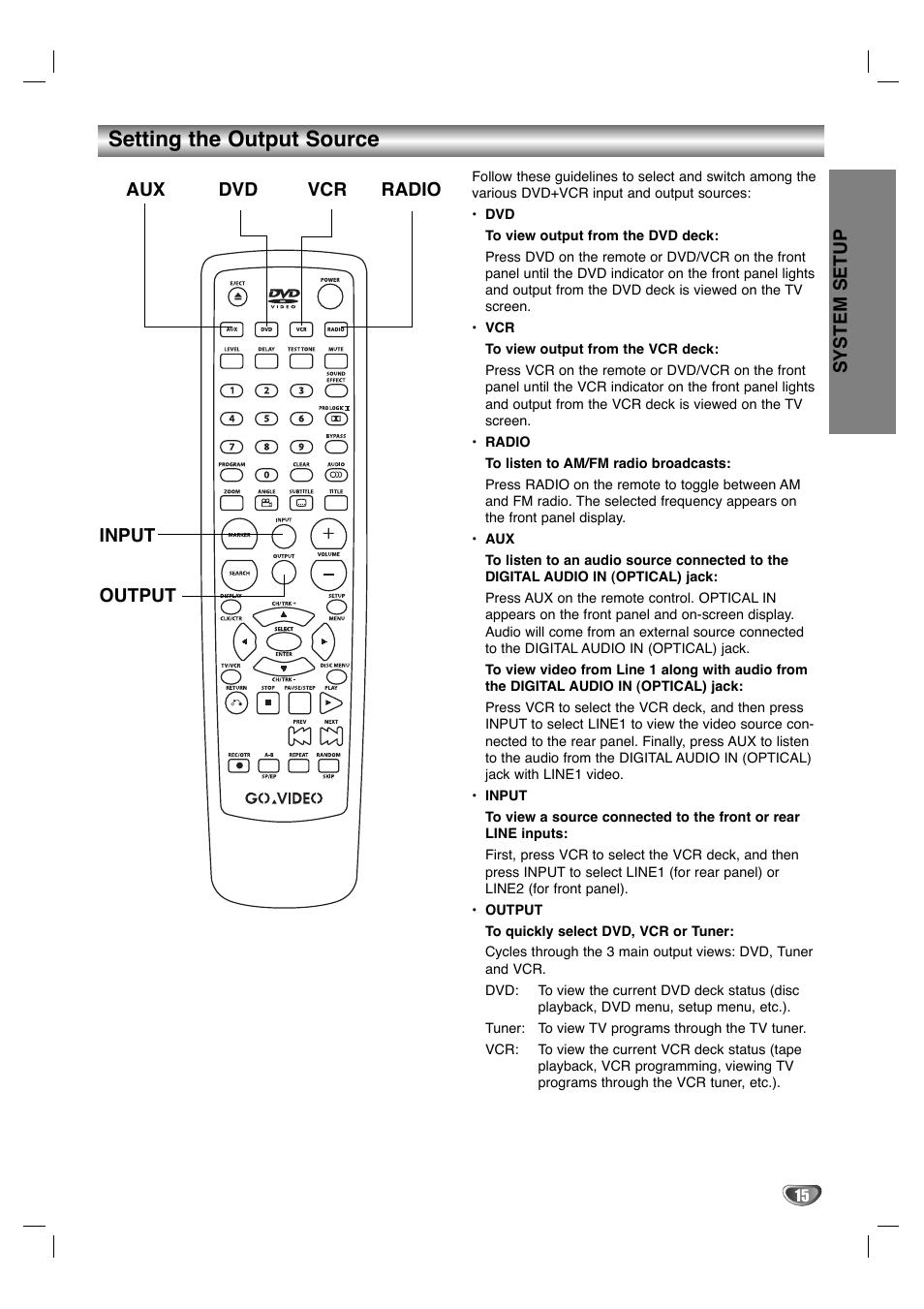 Setting the output source, System setup, Aux dvd vcr radio input output | GoVideo HT2015 User Manual | Page 15 / 45