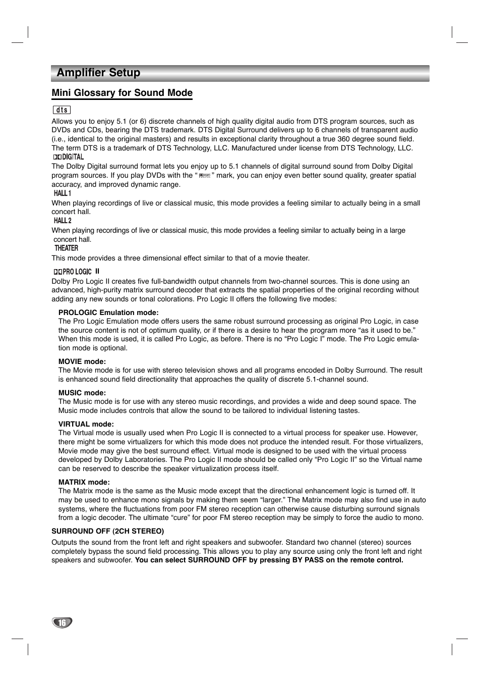 Amplifier setup, Mini glossary for sound mode | GoVideo HT2015 User Manual | Page 16 / 45