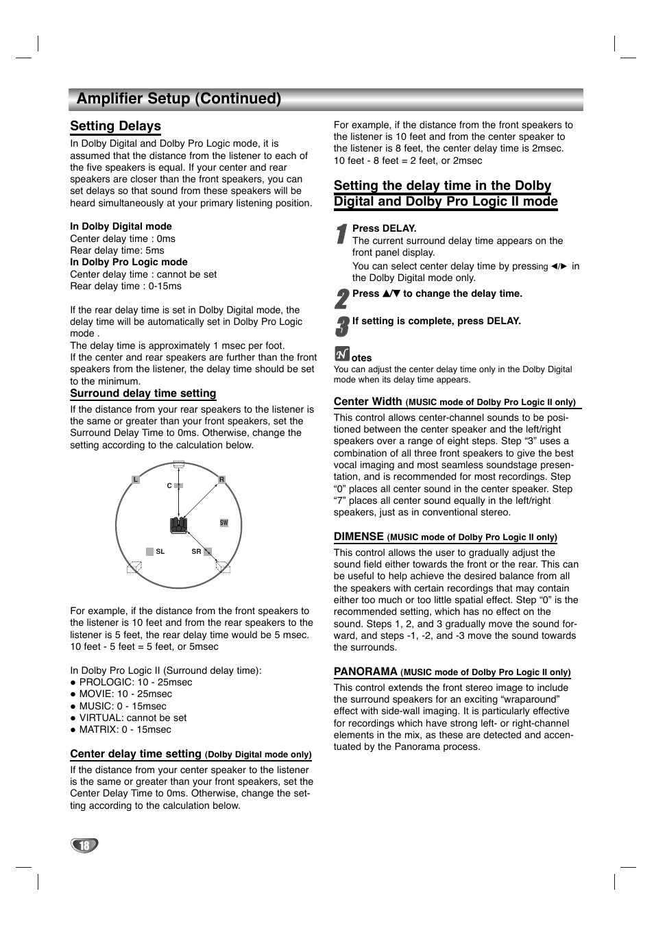Amplifier setup (continued), Setting delays | GoVideo HT2015 User Manual | Page 18 / 45