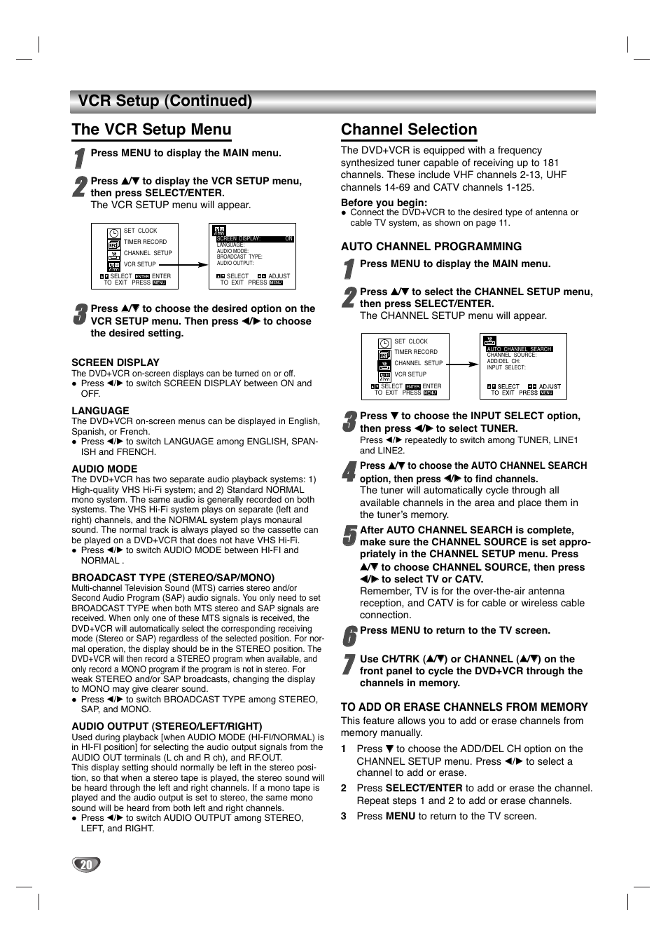 Vcr setup (continued) the vcr setup menu, Channel selection | GoVideo HT2015 User Manual | Page 20 / 45