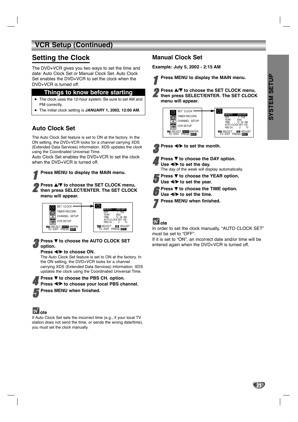 Vcr setup (continued) setting the clock, System setup, Auto clock set | Manual clock set, Things to know before starting | GoVideo HT2015 User Manual | Page 21 / 45