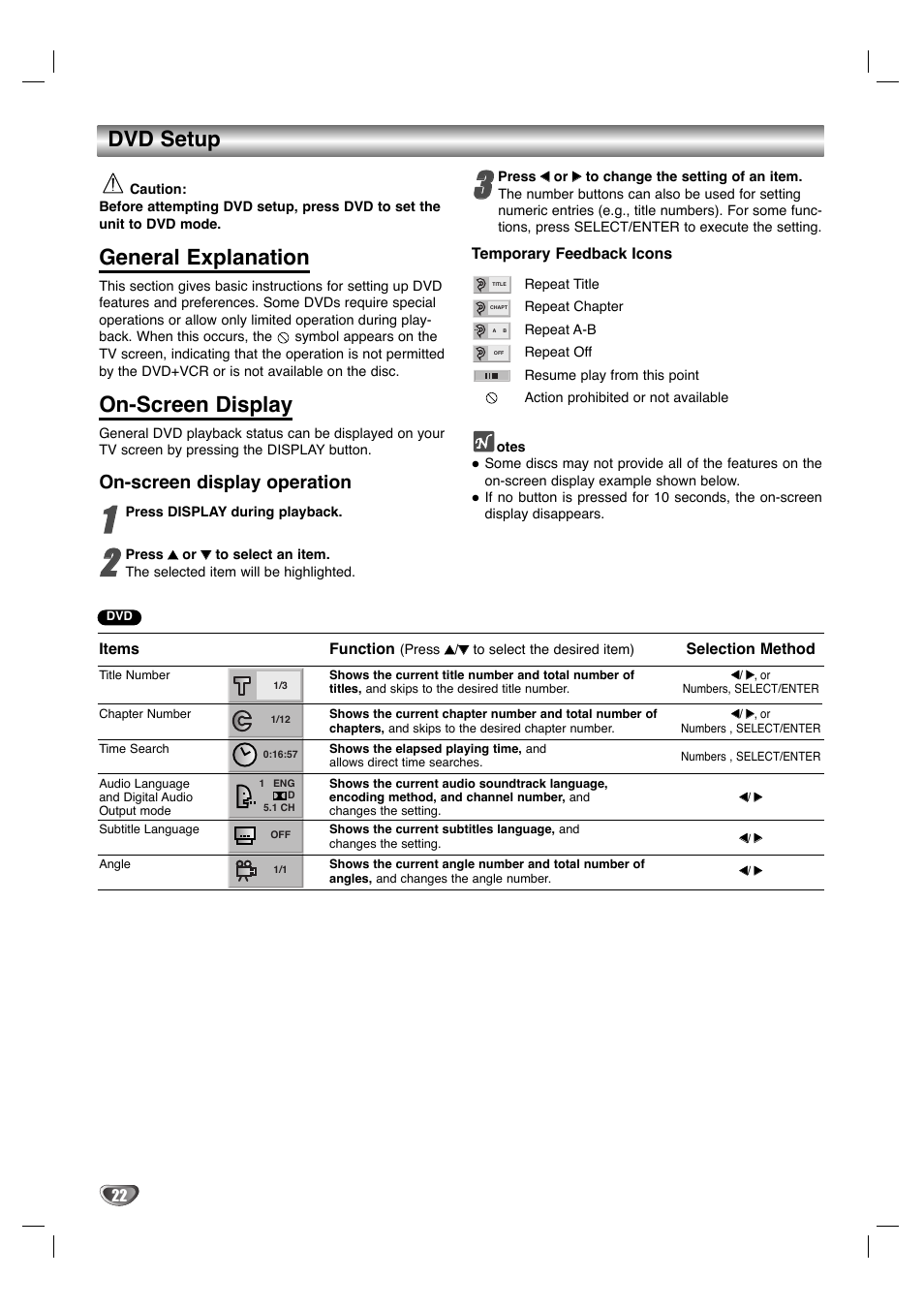 Dvd setup, General explanation, On-screen display | On-screen display operation | GoVideo HT2015 User Manual | Page 22 / 45