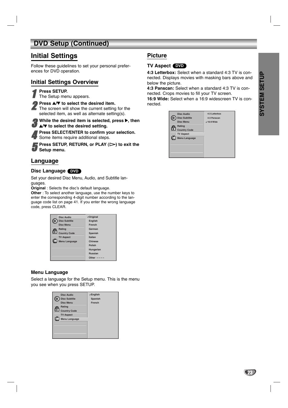 Dvd setup (continued) initial settings, System setup, Initial settings overview | Language, Picture | GoVideo HT2015 User Manual | Page 23 / 45