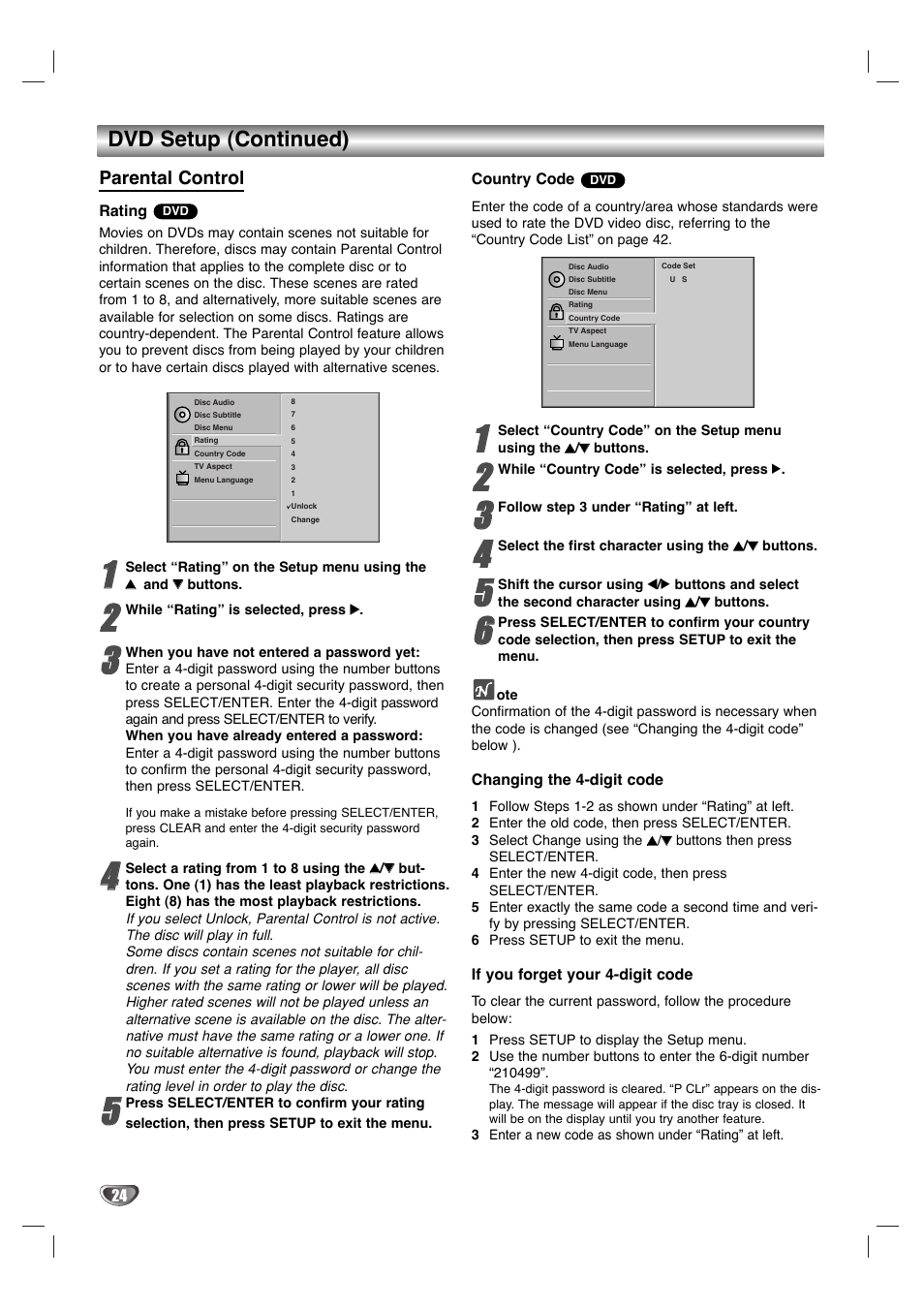 Dvd setup (continued), Parental control | GoVideo HT2015 User Manual | Page 24 / 45