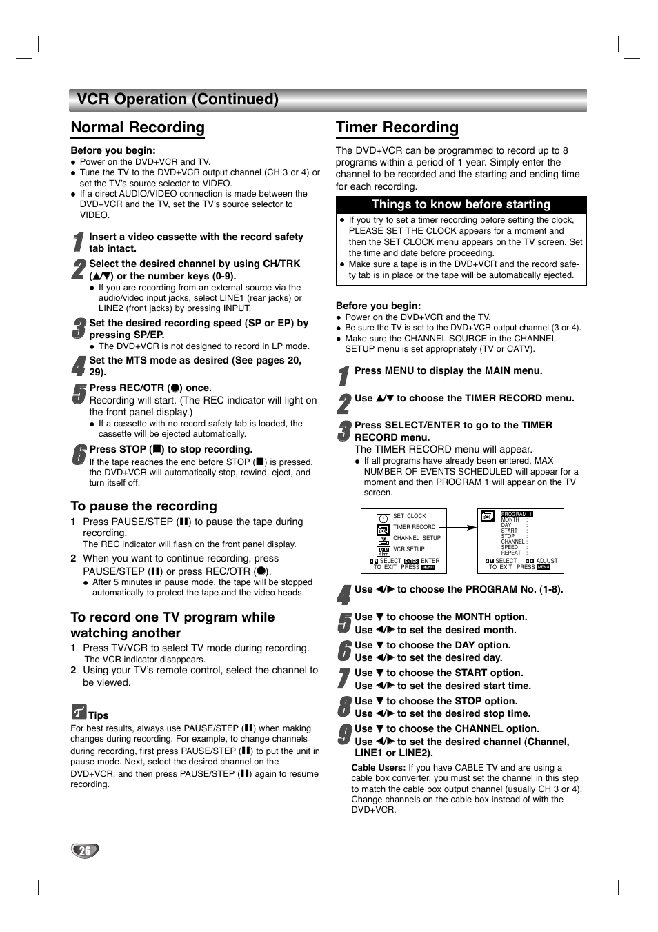 Vcr operation (continued) normal recording, Timer recording | GoVideo HT2015 User Manual | Page 26 / 45