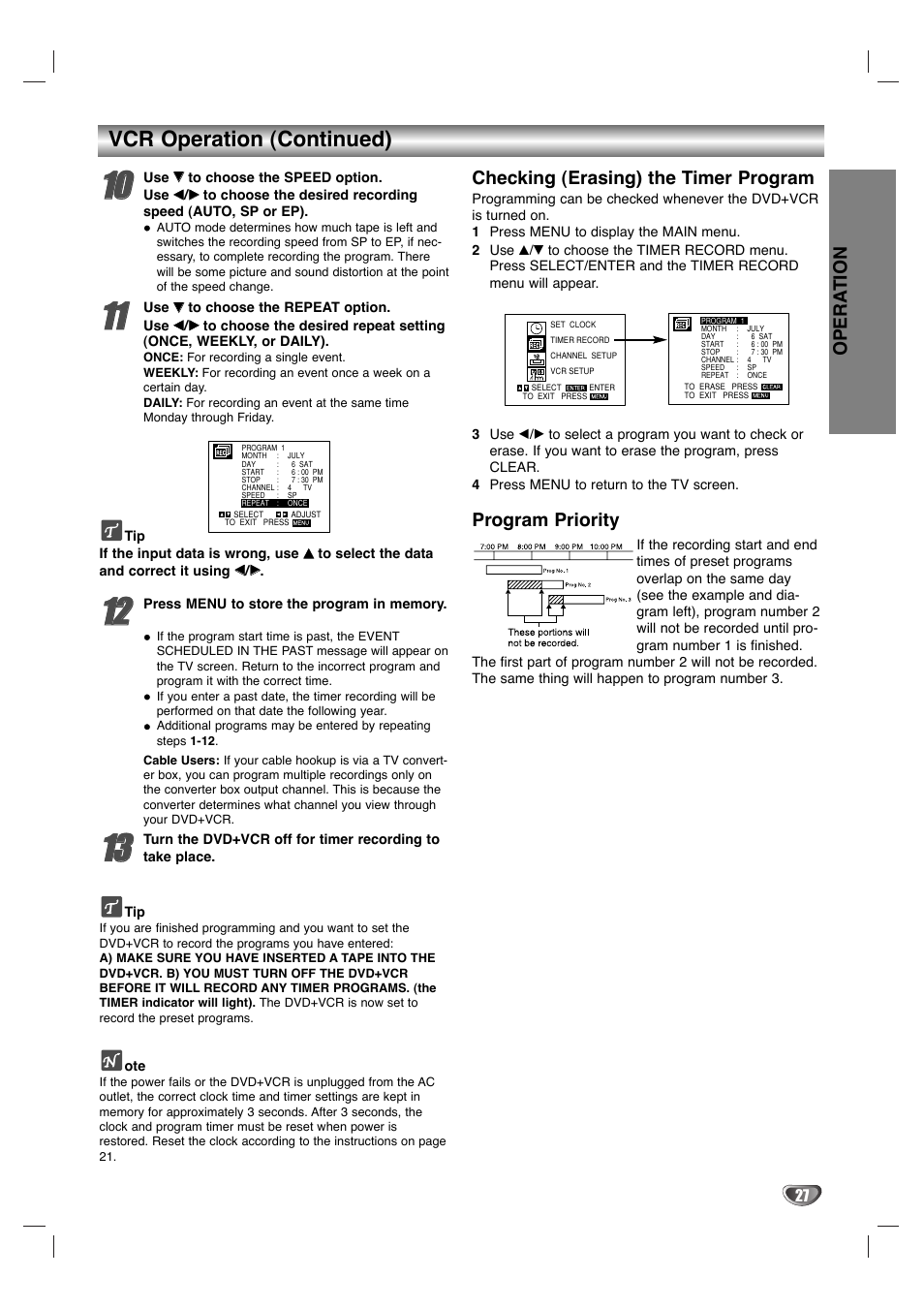 Vcr operation (continued), Opera tion, Checking (erasing) the timer program | Program priority | GoVideo HT2015 User Manual | Page 27 / 45