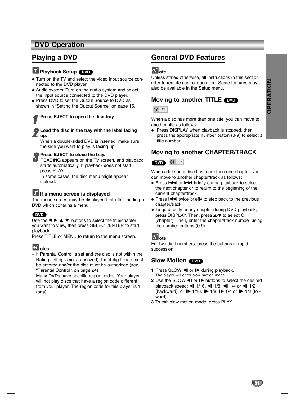 Dvd operation playing a dvd, General dvd features, Opera tion | Moving to another title, Moving to another chapter/track, Slow motion | GoVideo HT2015 User Manual | Page 31 / 45