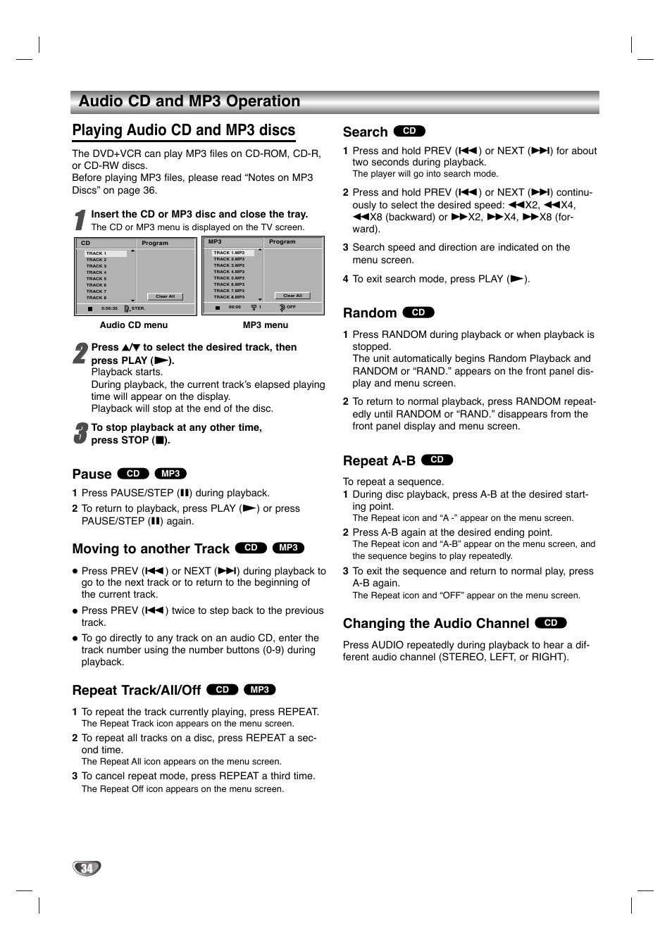 Pause, Moving to another track, Repeat track/all/off | Search, Random, Repeat a-b, Changing the audio channel | GoVideo HT2015 User Manual | Page 34 / 45