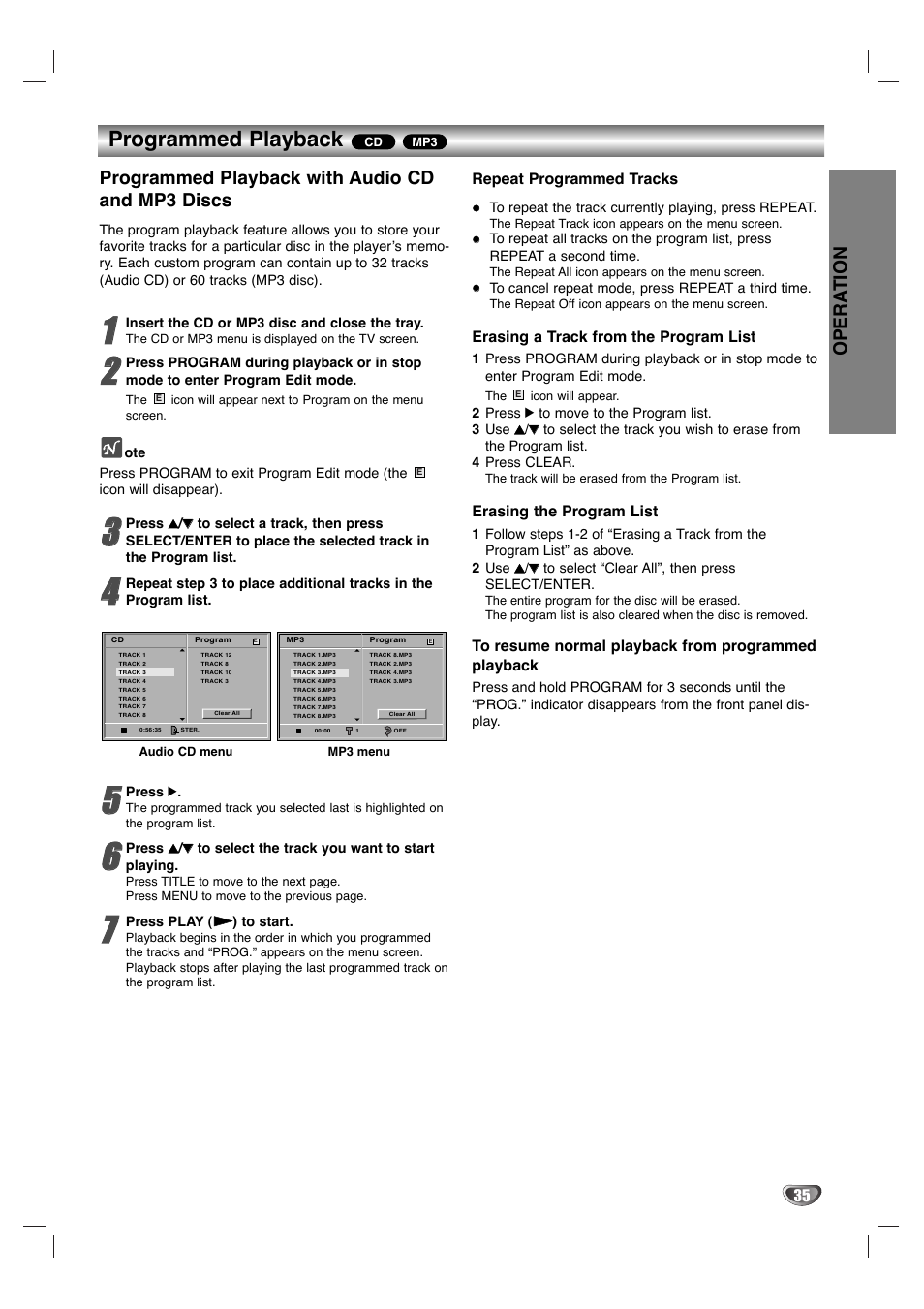Programmed playback, Opera tion, Programmed playback with audio cd and mp3 discs | Repeat programmed tracks, Erasing a track from the program list, Erasing the program list | GoVideo HT2015 User Manual | Page 35 / 45
