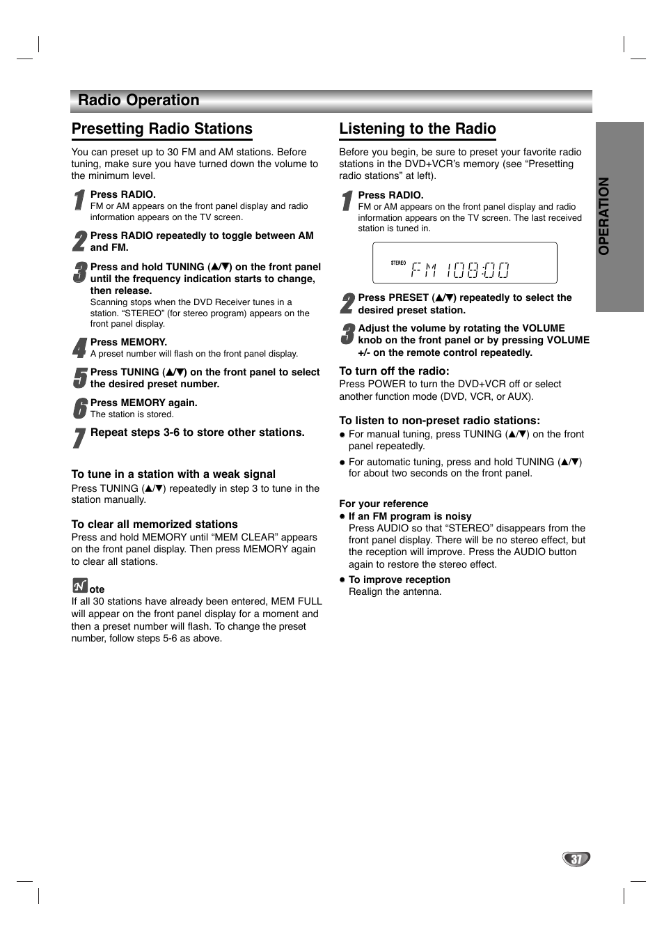 Radio operation presetting radio stations, Listening to the radio | GoVideo HT2015 User Manual | Page 37 / 45