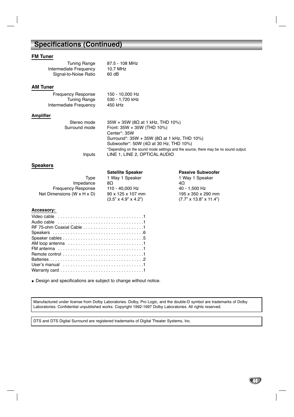 Specifications (continued) | GoVideo HT2015 User Manual | Page 44 / 45