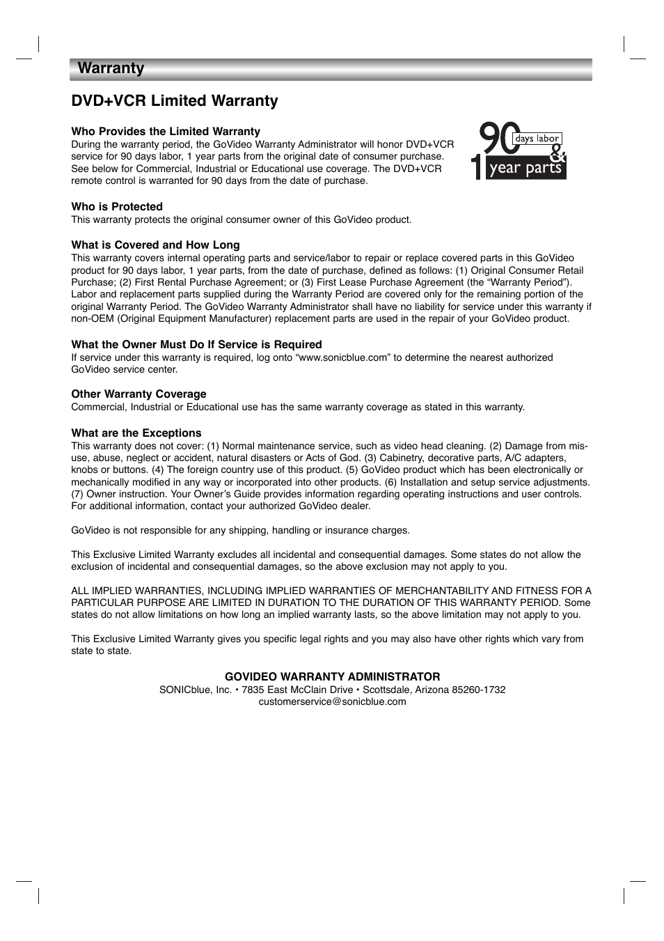 Year parts, Dvd+vcr limited warranty, Warranty | GoVideo HT2015 User Manual | Page 45 / 45