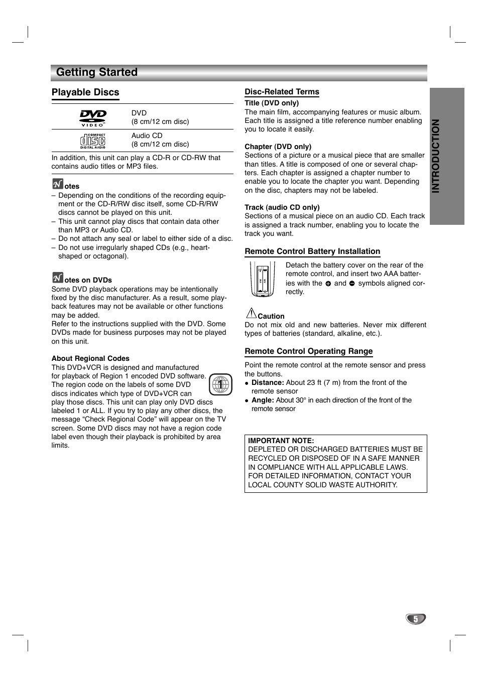 Getting started, Introduction, Playable discs | GoVideo HT2015 User Manual | Page 5 / 45