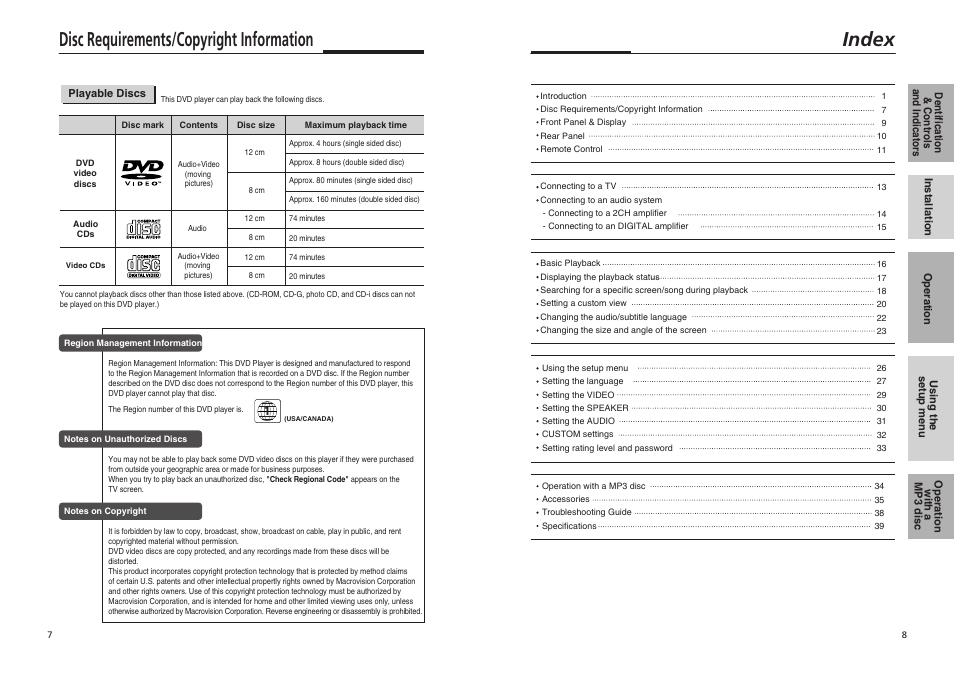 Disc requirements/copyright information, Index | GoVideo DVP855 User Manual | Page 5 / 20