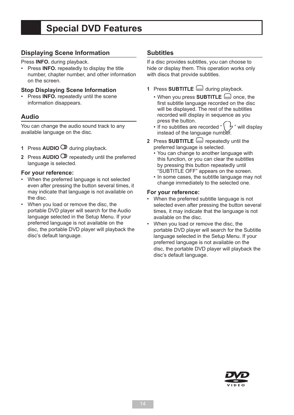 Special dvd features, Displaying scene information, Audio | Subtitles | GoVideo DP 5050 User Manual | Page 14 / 32