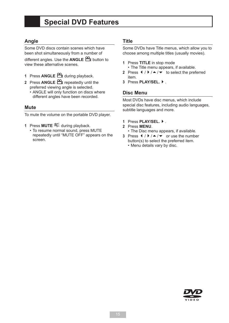 Special dvd features | GoVideo DP 5050 User Manual | Page 15 / 32