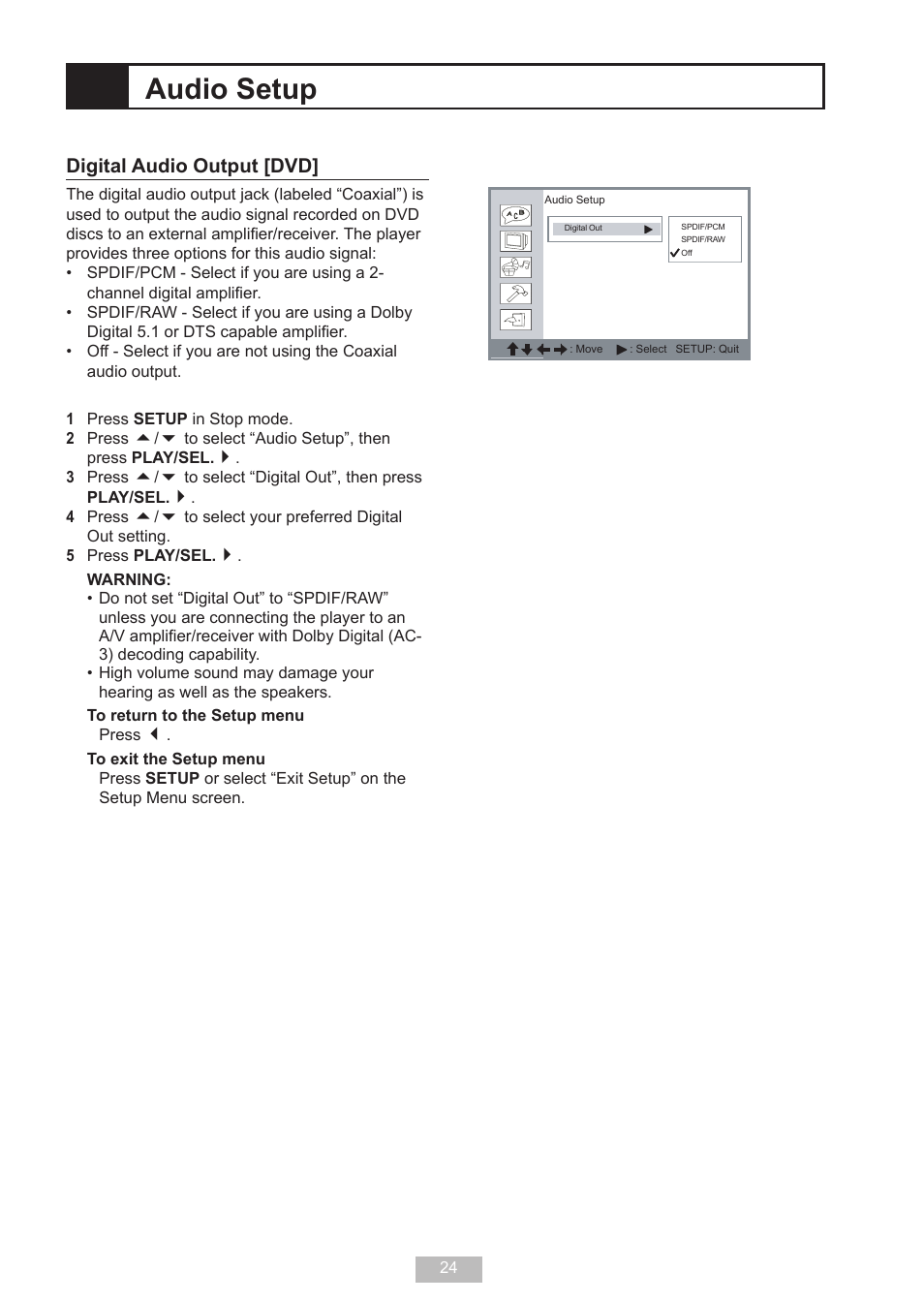 Audio setup | GoVideo DP 5050 User Manual | Page 24 / 32