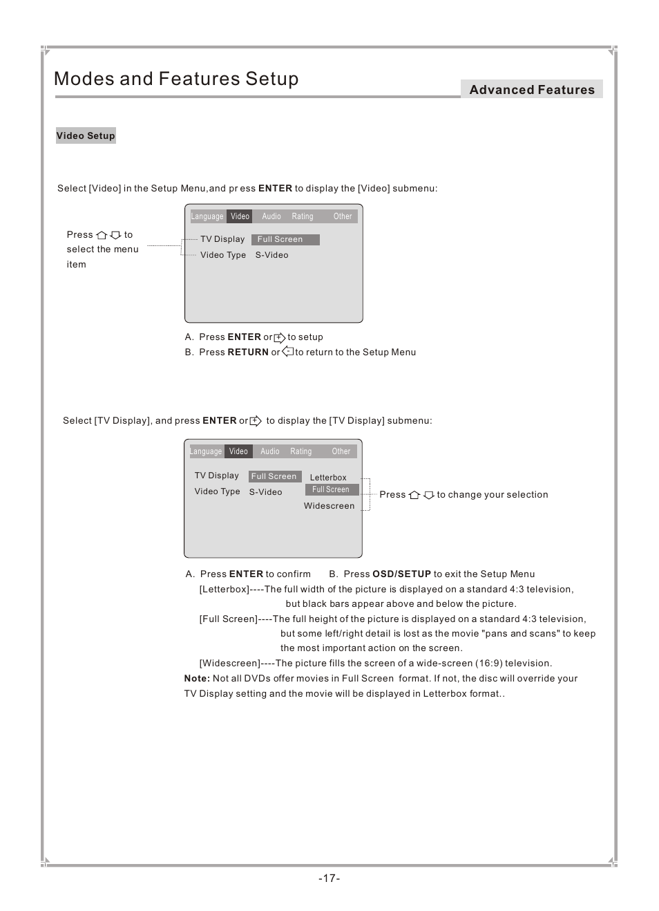 Т³гж 18, Modes and features setup, Advanced features | GoVideo DVP745 User Manual | Page 18 / 38