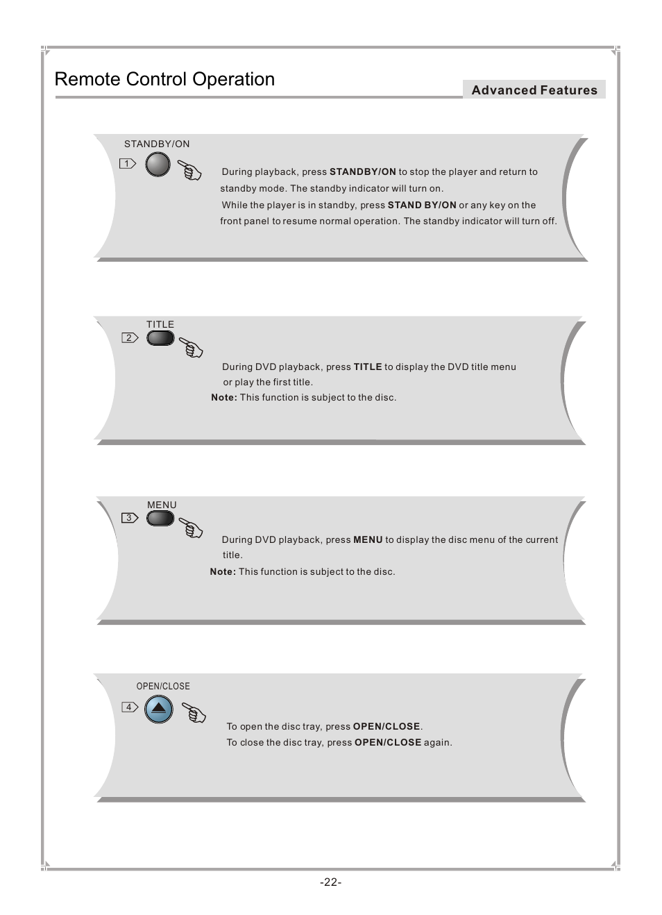 Т³гж 23, Remote control operation, Advanced features | GoVideo DVP745 User Manual | Page 23 / 38