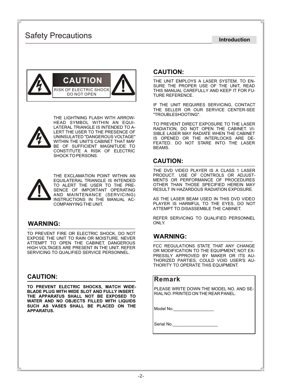 Т³гж 3, Safety precautions, Remark | Warning, Caution, Caution: warning | GoVideo DVP745 User Manual | Page 3 / 38