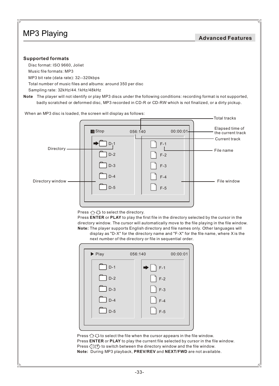 Т³гж 34, Mp3 playing, Advanced features | GoVideo DVP745 User Manual | Page 34 / 38