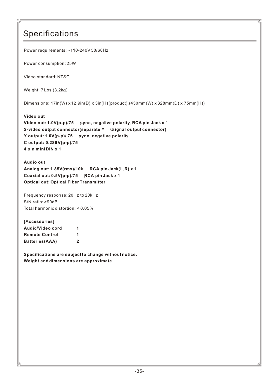 Т³гж 36, Specifications | GoVideo DVP745 User Manual | Page 36 / 38