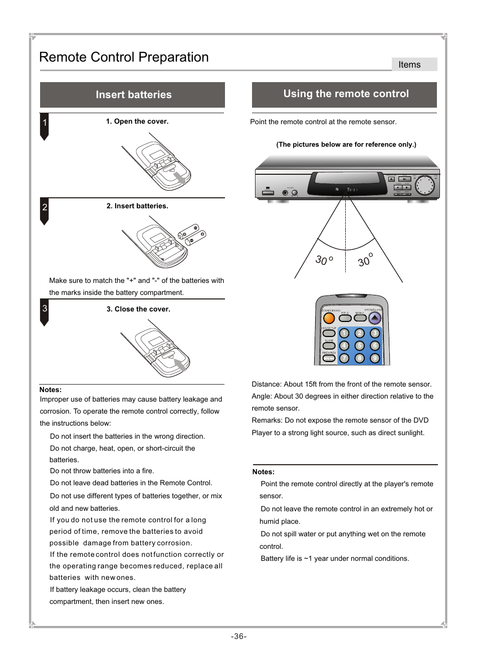 Т³гж 37, Remote control preparation, Insert batteries using the remote control | Items | GoVideo DVP745 User Manual | Page 37 / 38