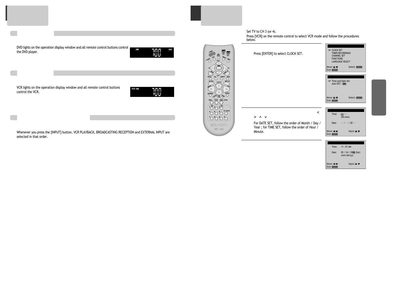 Clock set, Output select | GoVideo DV1030 User Manual | Page 10 / 29