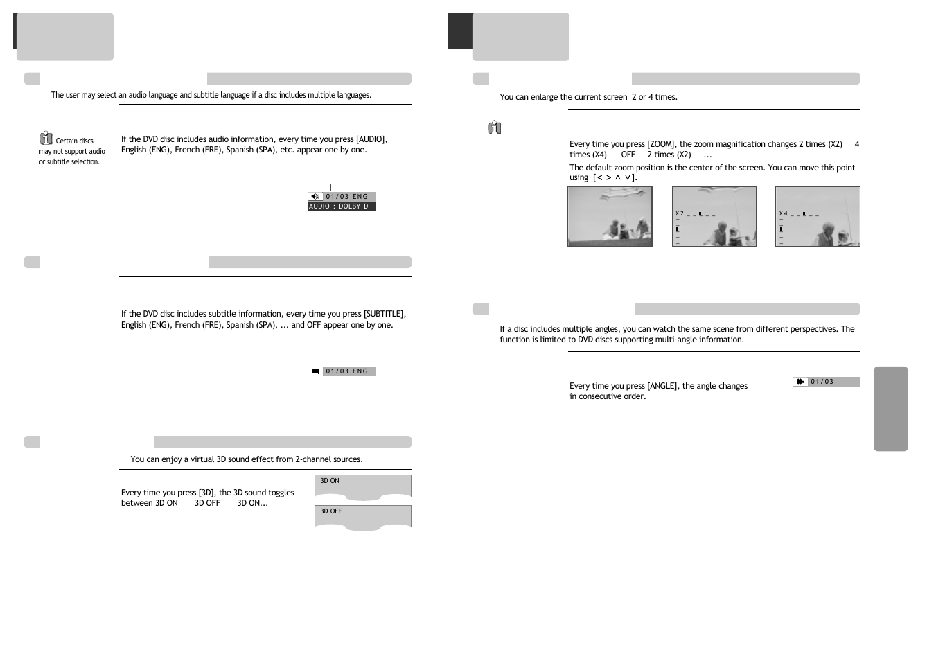 Zoom and multi angle, Audio, subtitle and 3d audio, Selecting 3d audio selecting a subtitle language | Viewing different angles | GoVideo DV1030 User Manual | Page 21 / 29