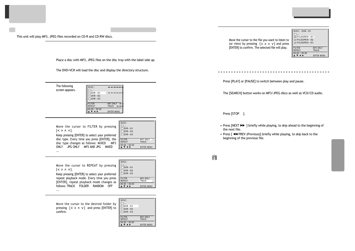 About mp3, jpeg discs, Playing a disc containing mp3, jpeg files | GoVideo DV1030 User Manual | Page 22 / 29
